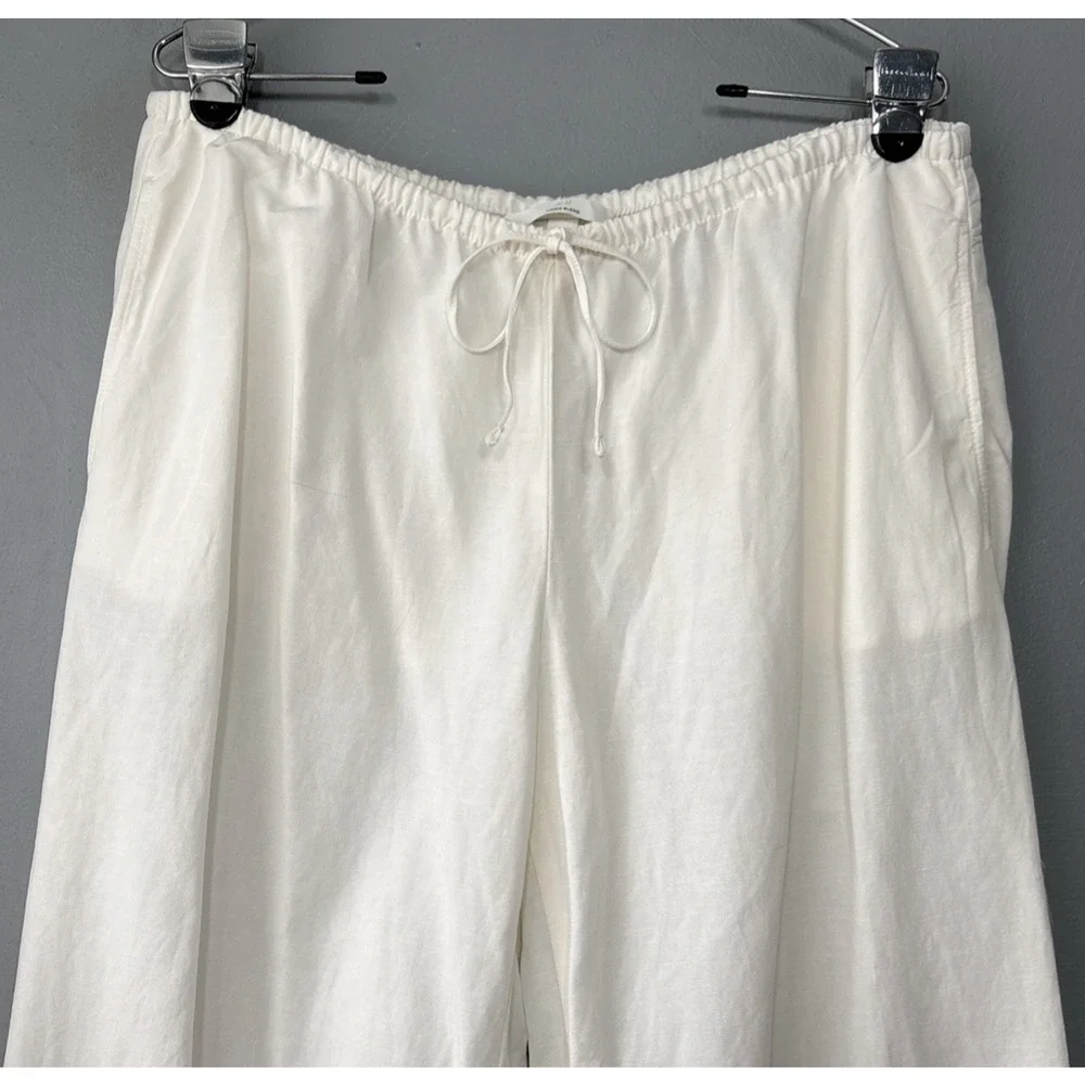 H&M Linen Blend Pants Size Large White Drawstring Wide Leg Lagenlook Minimalist